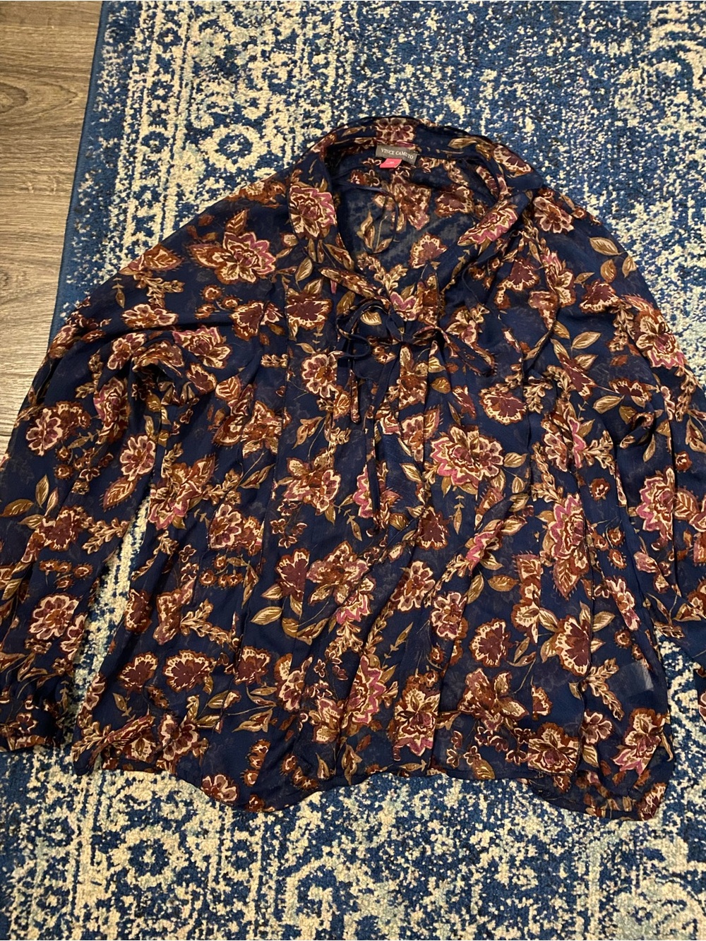 Vince Camuto Navy Floral Tie-Neck Blouse